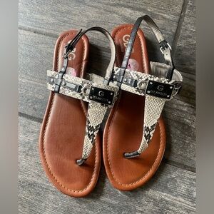 G by Guess Brown Footbed Snake-Print Thong Sandals